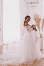 Boho A-Line Wedding Dresses Detachable Long Puff Sleeve - Curvevia