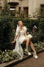 Bodycon Square Neck Satin Short Wedding Dresses with Lantern Sleeves - Curvevia
