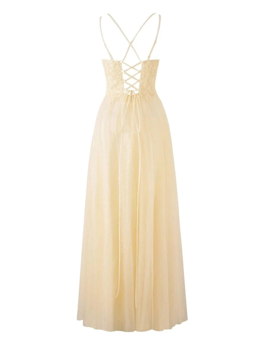 Yellow A-line Floor Length Glitter Tulle Mother of the Bride Dress - Curvevia