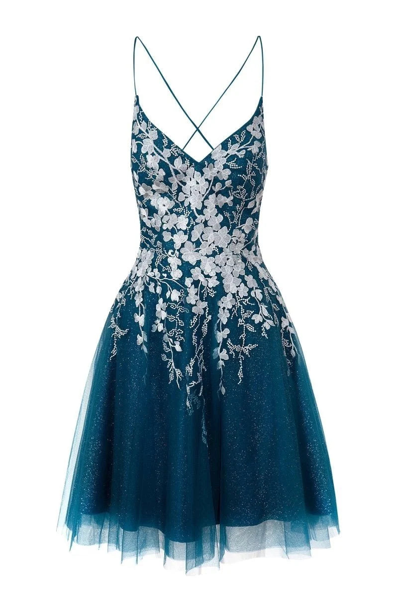 Aline Short Glitter Tulle Wedding Guest Dress with Appliques - Curvevia