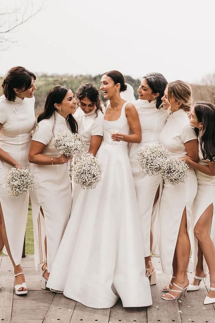 Simple A-Line Square Neck White Satin Wedding Dresses - Curvevia