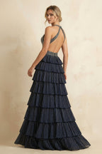 Royal Blue A-Line Halter Satin Beaded Long Wedding Guest Dress With Ruffles - Curvevia