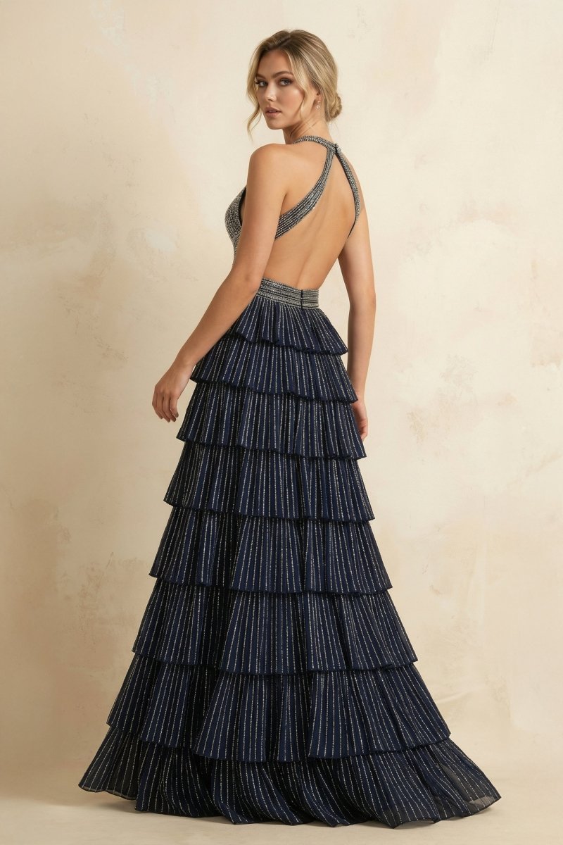 Royal Blue A-Line Halter Satin Beaded Long Wedding Guest Dress With Ruffles - Curvevia
