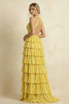 Royal Blue A-Line Halter Satin Beaded Long Wedding Guest Dress With Ruffles - Curvevia