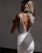 Sparkly Mermaid V Neck Sequins Lace Long Wedding Dresses - Curvevia