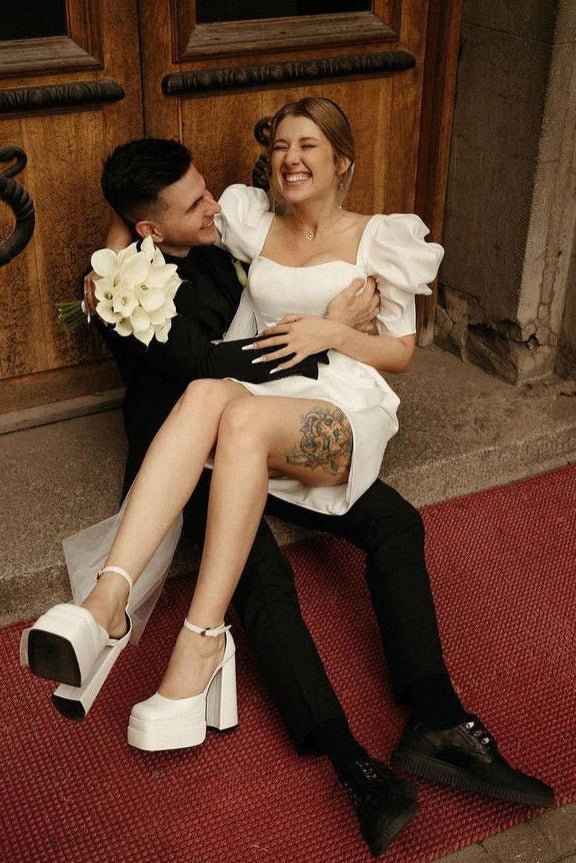 Bodycon Square Neck Satin Short Wedding Dresses with Lantern Sleeves - Curvevia