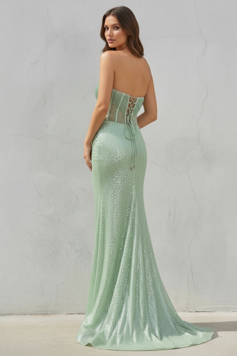 Strapless Mermaid Long Sequins Prom Dress With Split - Curvevia