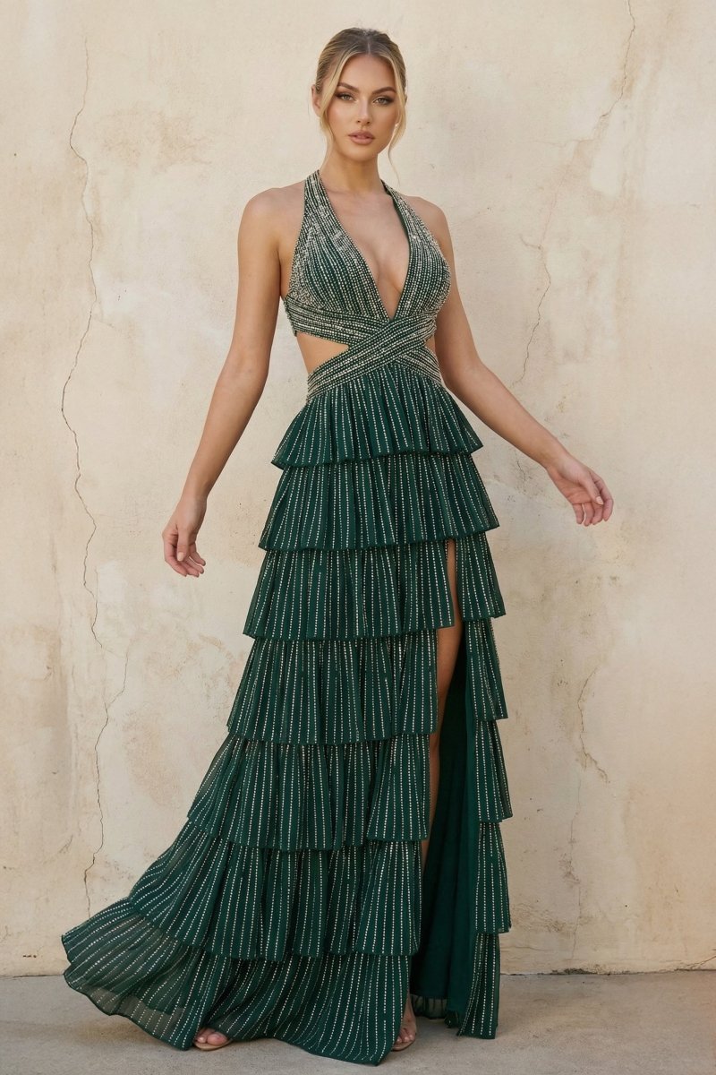 Dark Green - A-Line Halter Satin Beaded Long Mother of the Bride Dress With Ruffles - Curvevia