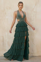 Dark Green - A-Line Halter Satin Beaded Long Mother of the Bride Dress With Ruffles - Curvevia