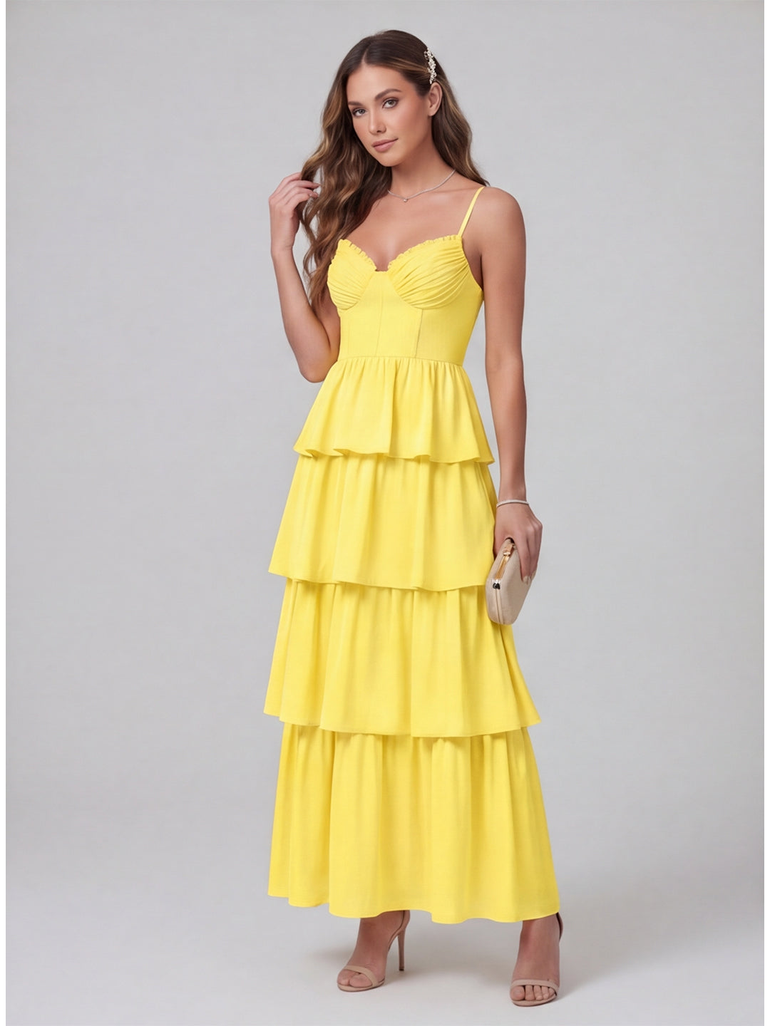 Coquette Lemon Chiffon A-Line Square Neck Backless with Cascading Ruffles Ankle-Length Bridesmaid Dress - Curvevia