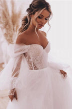 Boho A-Line Wedding Dresses Detachable Long Puff Sleeve - Curvevia