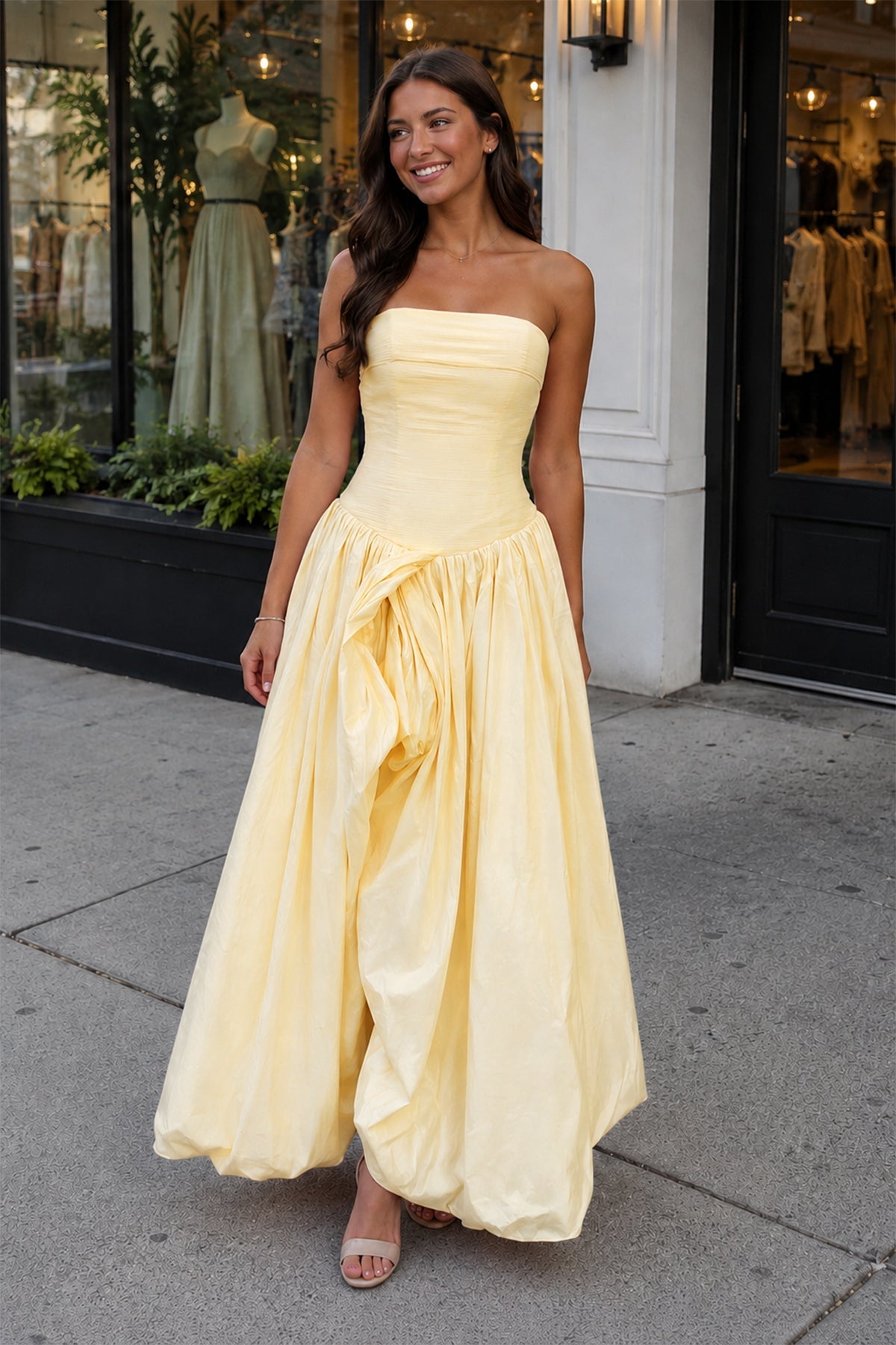 Yellow - Strapless A Line Satin Pleated Wedding Guest Dress With Slit - Curvevia