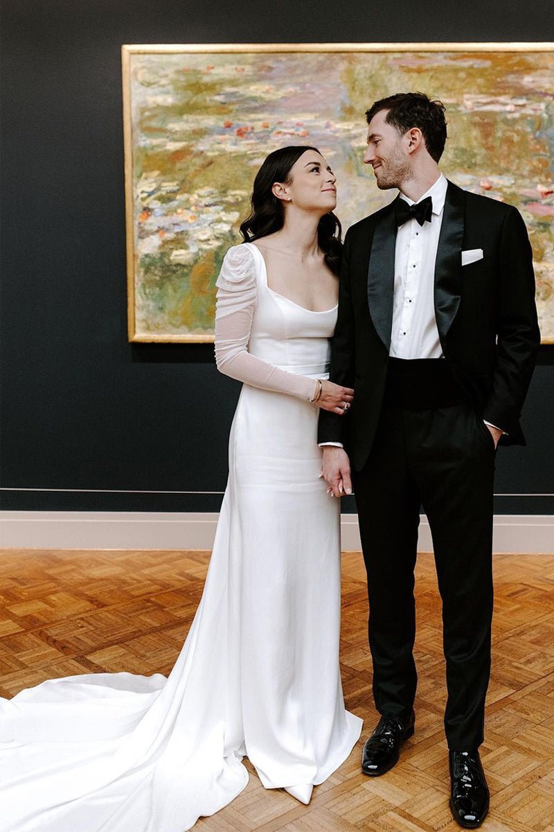 Square Neck Long Sleeves White Satin Wedding Dresses - Curvevia