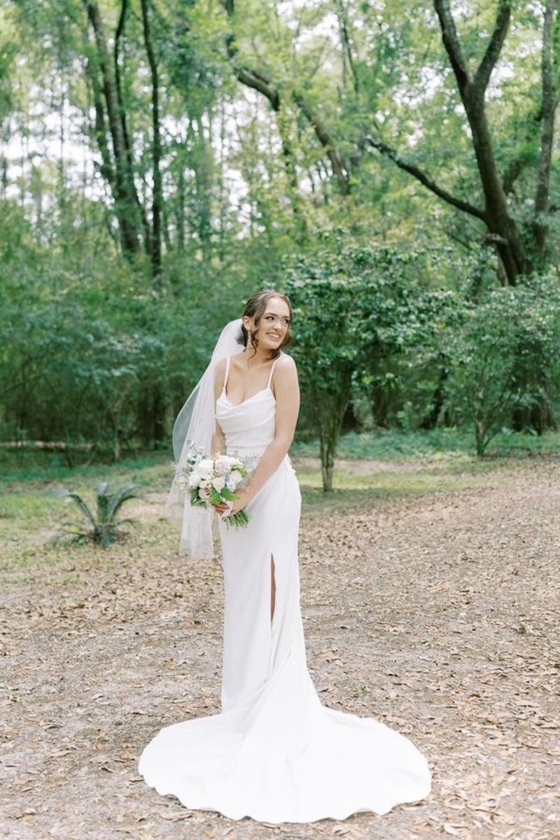 Charming Mermaid Cowl Neck Satin Wedding Dress with Slit - Curvevia