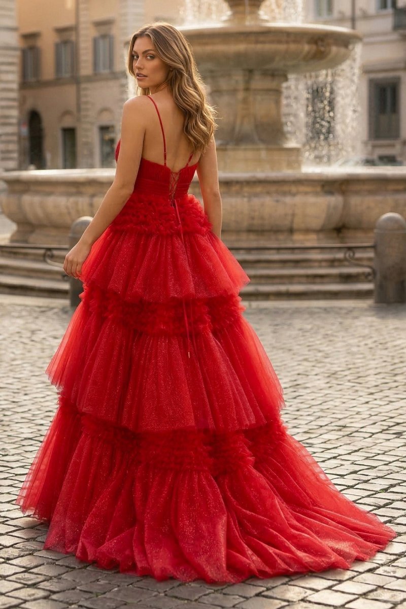 A-Line Spaghetti Straps Long Tiered Tulle Prom Dress With Split - Curvevia