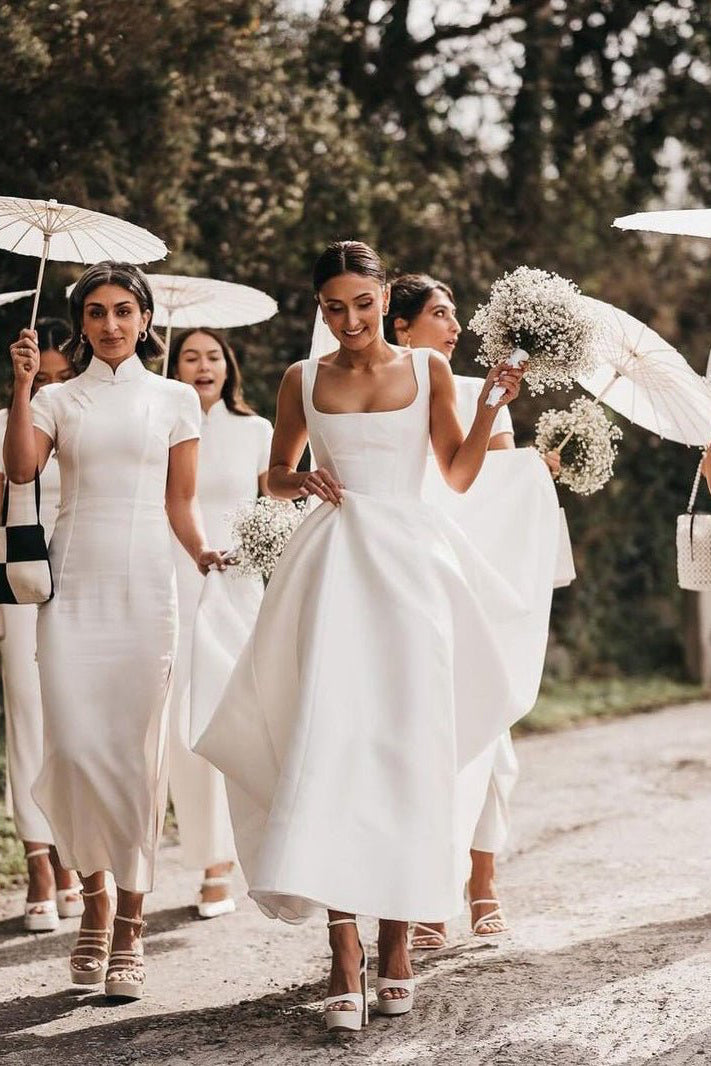 Simple A-Line Square Neck White Satin Wedding Dresses - Curvevia