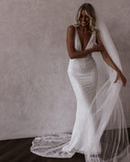 Sparkly Mermaid V Neck Sequins Lace Long Wedding Dresses - Curvevia