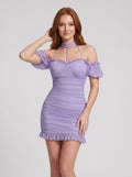 Mauve Stretch Knit Sheath Sweetheart Back Zip Mini Dress with Hem Ruffle - Curvevia