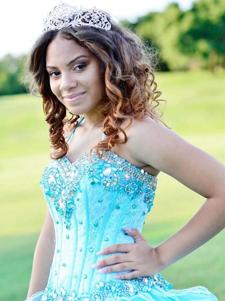 Halter Tulle Ball Gown Quinceanera Dresses With Rhinestones - Curvevia