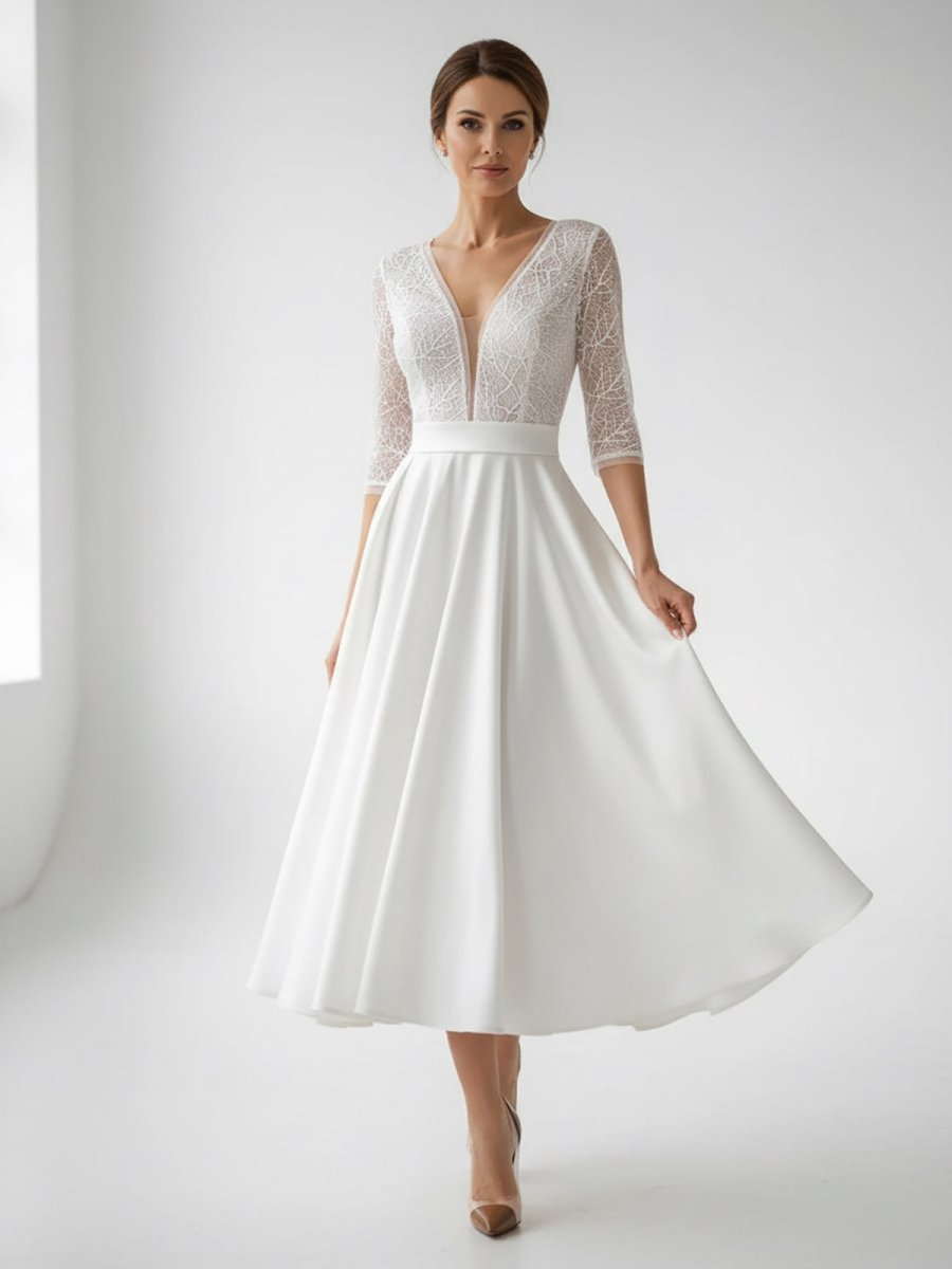 Satin V-neck A Line Tea-length Wedding Dress with Ruching and Sash - Curvevia
