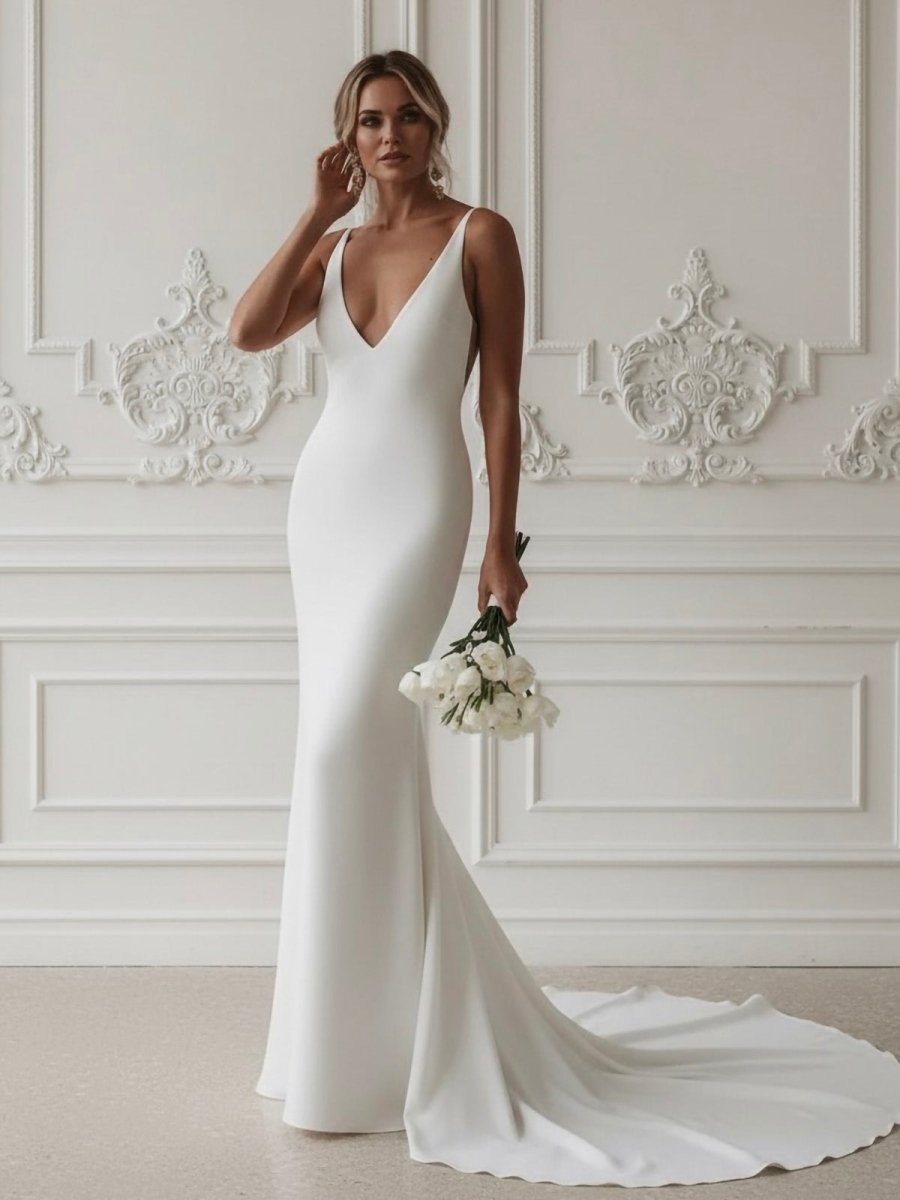 Elegant Mermaid V-Neck Elastic Satin Long Wedding Dresses - Curvevia
