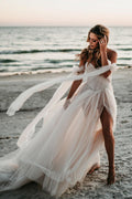 Fairy Off the Shoulder Tulle Wedding Dresses with Slit - Curvevia