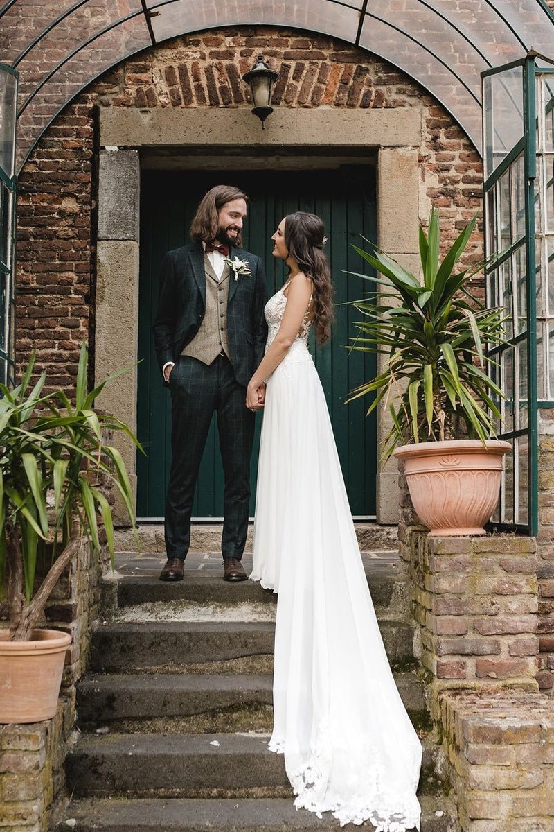 Boho A-Line V Neck Chiffon Wedding Dresses with Appliques - Curvevia