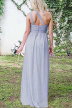 Dusty Blue One Shoulder Chiffon Long Boho Pleated Bridesmaid Dress - Curvevia
