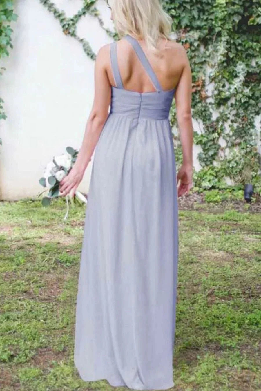 Dusty Blue One Shoulder Chiffon Long Boho Pleated Bridesmaid Dress - Curvevia