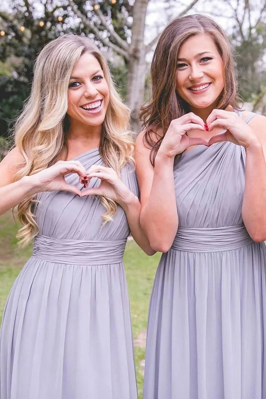 Dusty Blue One Shoulder Chiffon Long Boho Pleated Bridesmaid Dress - Curvevia