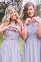 Dusty Blue One Shoulder Chiffon Long Boho Pleated Bridesmaid Dress - Curvevia