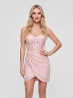 Blushing Pink Sequin Mesh Sheath Sweetheart Corset Back Short Dress with Bead - Curvevia