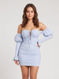 Mist Stretch Knit Sheath Off-the-Shoulder Lace-up Short Dress with Corset Detail - Curvevia