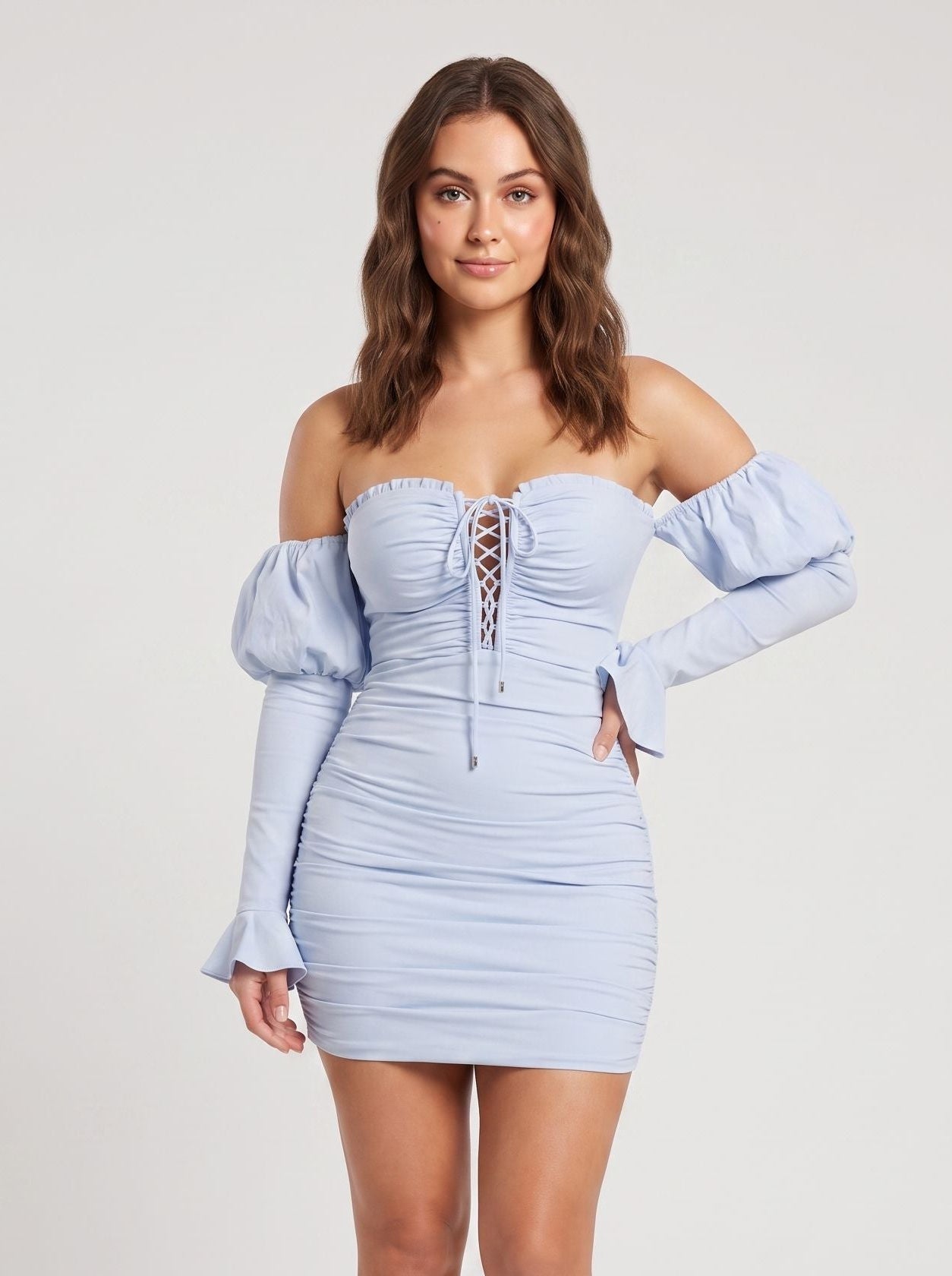 Mist Stretch Knit Sheath Off-the-Shoulder Lace-up Short Dress with Corset Detail - Curvevia