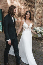 Boho A-Line V Neck Chiffon Wedding Dresses with Appliques - Curvevia
