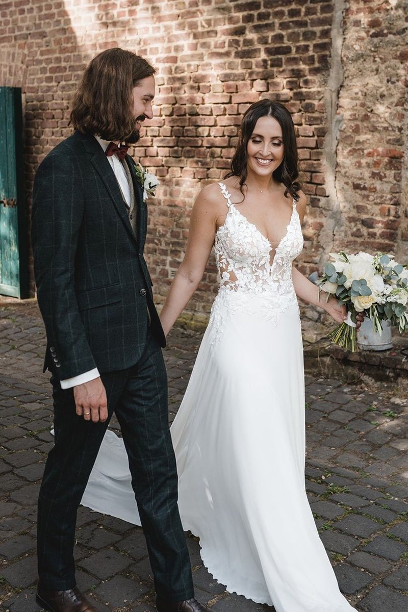 Boho A-Line V Neck Chiffon Wedding Dresses with Appliques - Curvevia