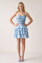 Sky Blue Sweetheart Cut-out A-Line Ruffled Satin Homecoming Dress With Beading - Curvevia