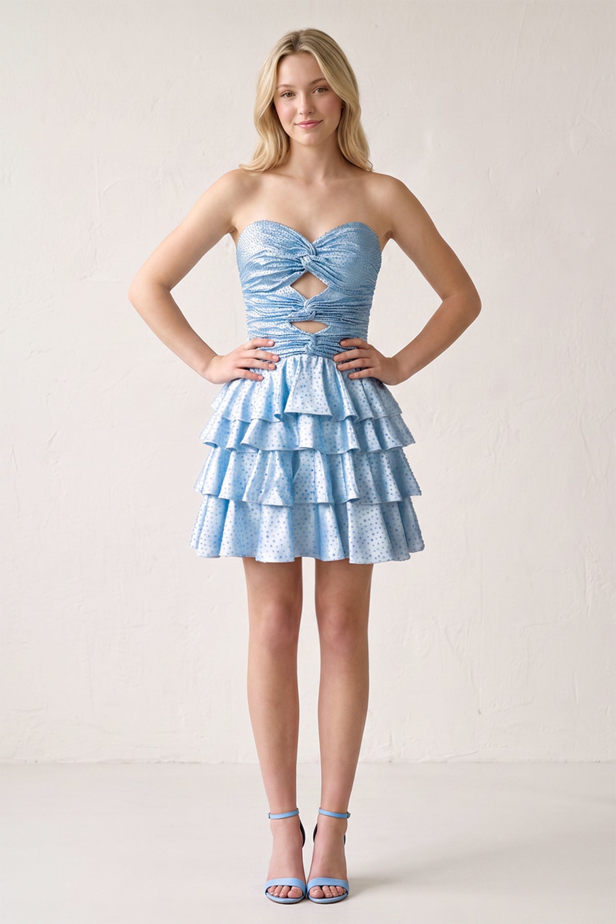 Sky Blue Sweetheart Cut-out A-Line Ruffled Satin Homecoming Dress With Beading - Curvevia