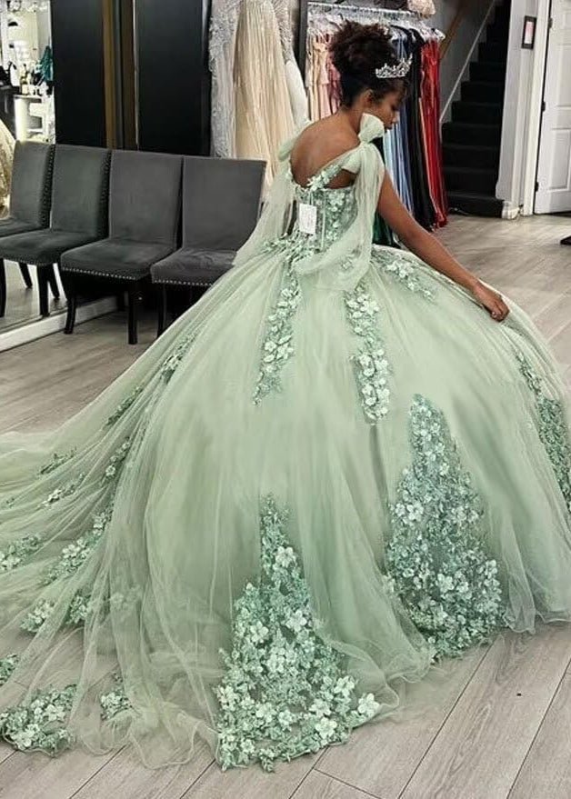 Ball Gown Tulle Off The Shoulder Sage Green Quinceanera Dress - Curvevia