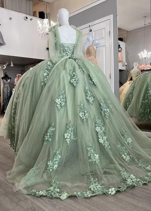 Ball Gown Tulle Off The Shoulder Sage Green Quinceanera Dress - Curvevia