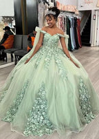 Ball Gown Tulle Off The Shoulder Sage Green Quinceanera Dress - Curvevia