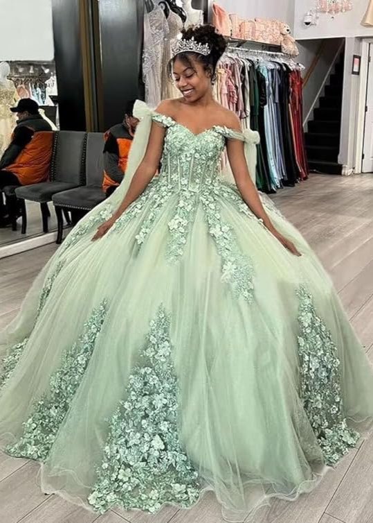 Ball Gown Tulle Off The Shoulder Sage Green Quinceanera Dress - Curvevia