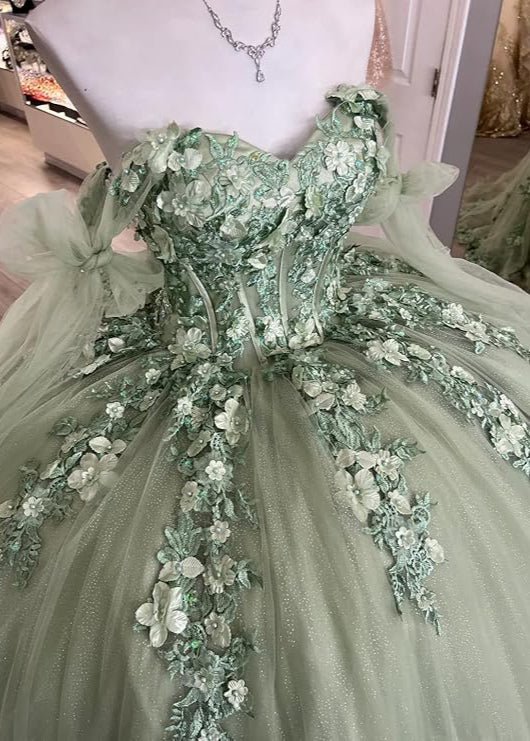 Ball Gown Tulle Off The Shoulder Sage Green Quinceanera Dress - Curvevia