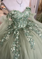 Ball Gown Tulle Off The Shoulder Sage Green Quinceanera Dress - Curvevia