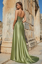 Silver Spaghetti Straps Mermaid Appliqued Prom Dress With Split - Curvevia