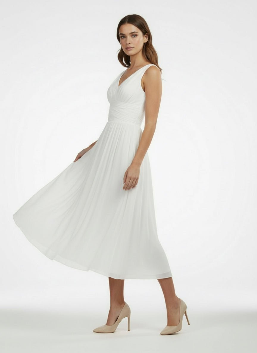 V-Neck Sleeveless Tea-Length Chiffon Wedding Dress With Ruching And Low-V Back - Curvevia