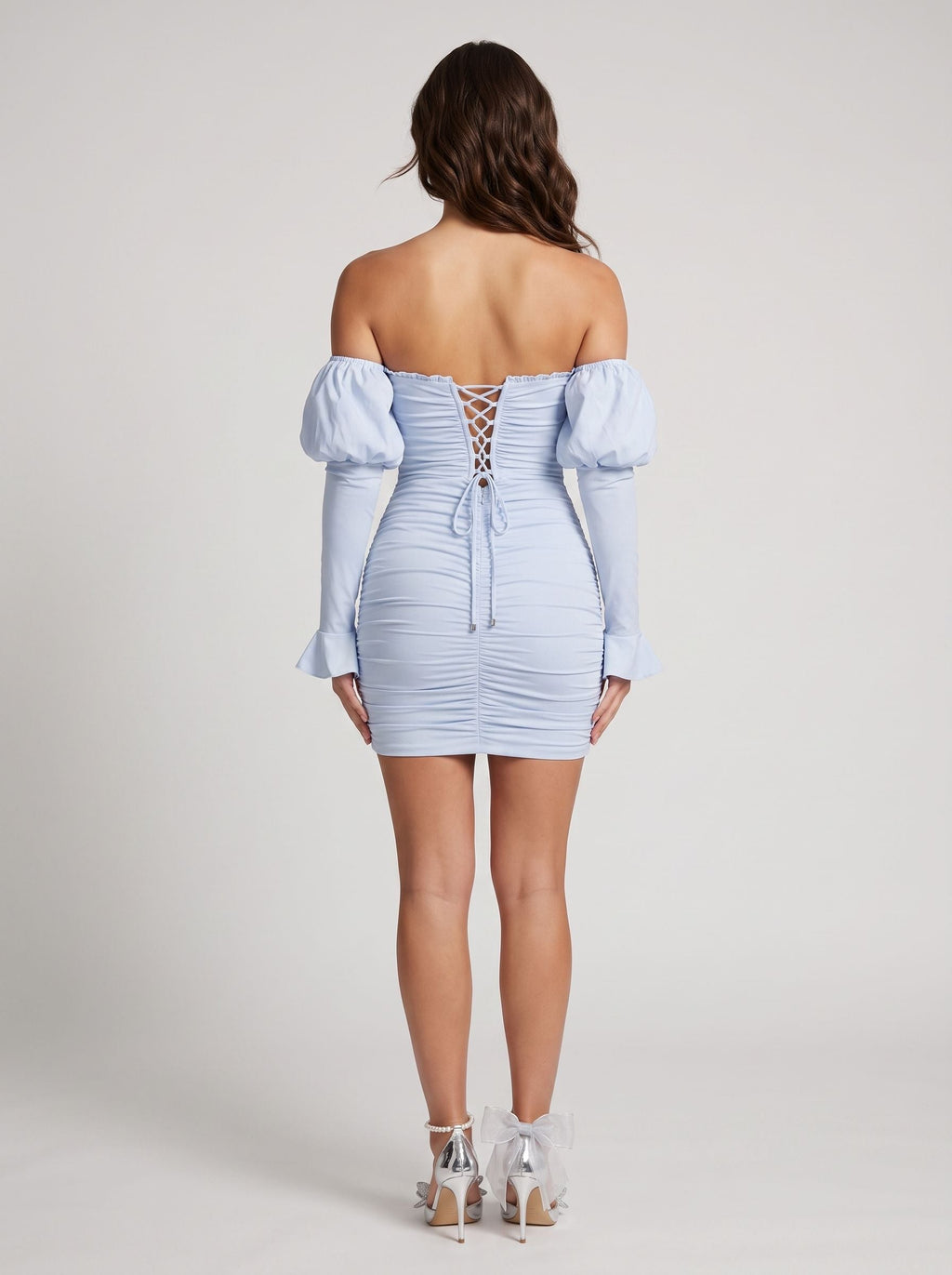 Mist Stretch Knit Sheath Off-the-Shoulder Lace-up Short Dress with Corset Detail - Curvevia