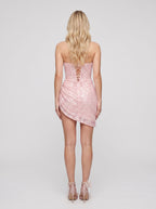 Blushing Pink Sequin Mesh Sheath Sweetheart Corset Back Short Dress with Bead - Curvevia