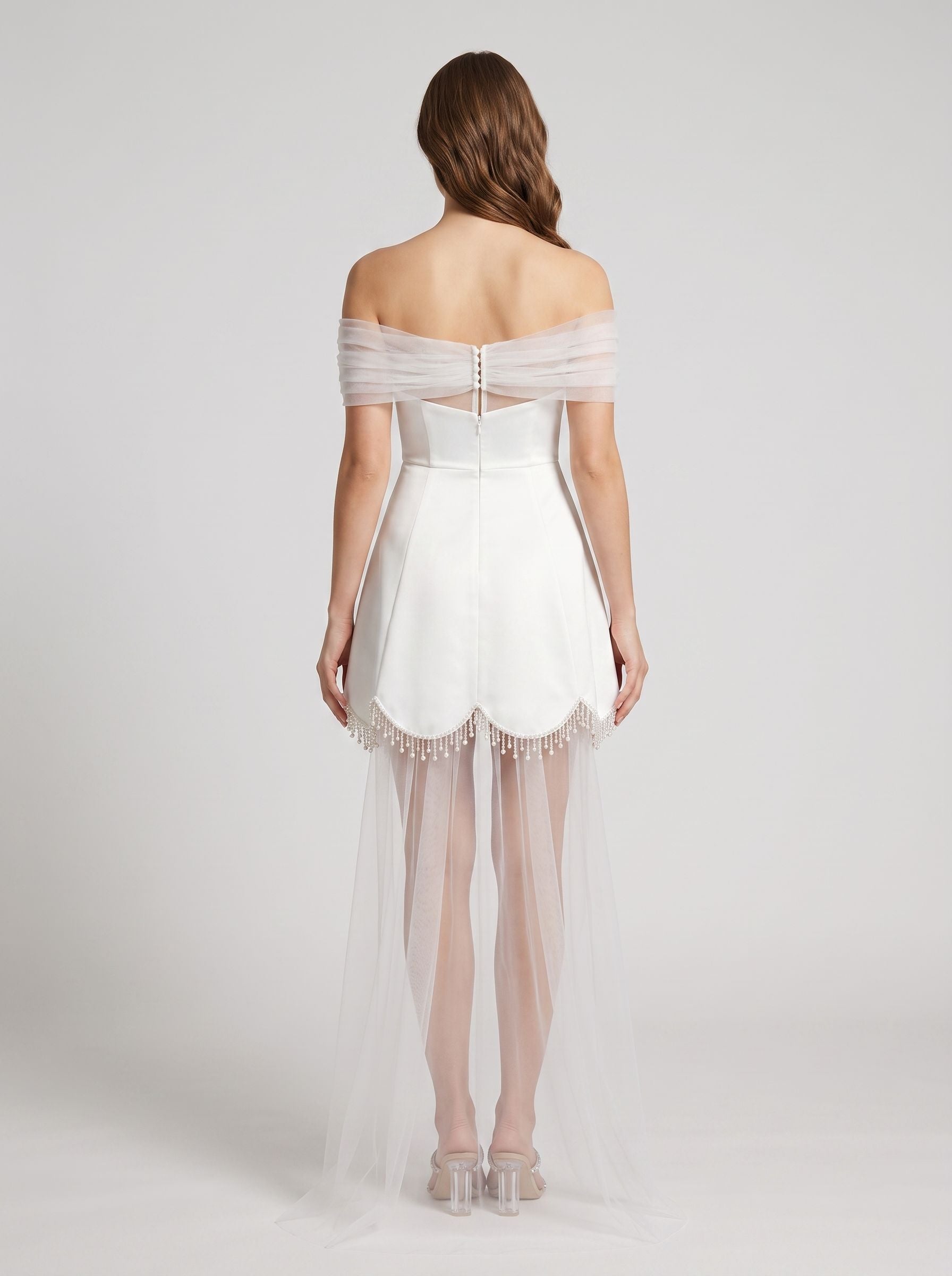 White Satin Tulle A-Line Off-the-Shoulder Illusion Mini Dress with Bead-Trimmed Hem - Curvevia