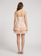 Orange Floral Chiffon A-Line Sweetheart Back Zip Short Dress with Tiered Ruffles - Curvevia